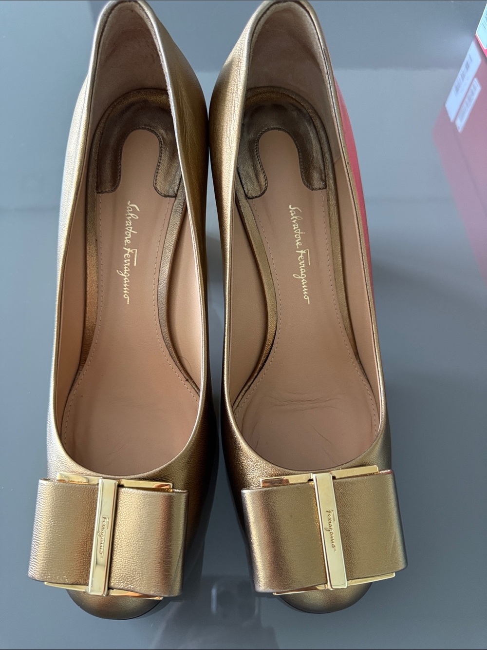 Salvatore Ferragamo Metallic Gold Vara Bow Ballet Flats